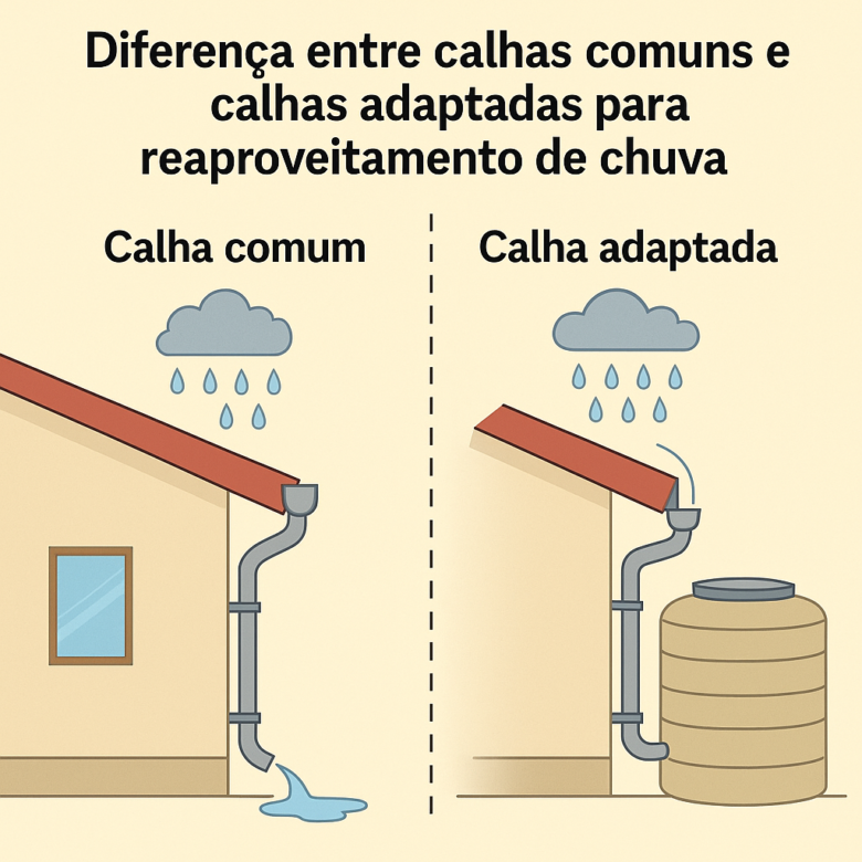 Diferença entre calhas comuns e calhas adaptadas para reaproveitamento de chuva